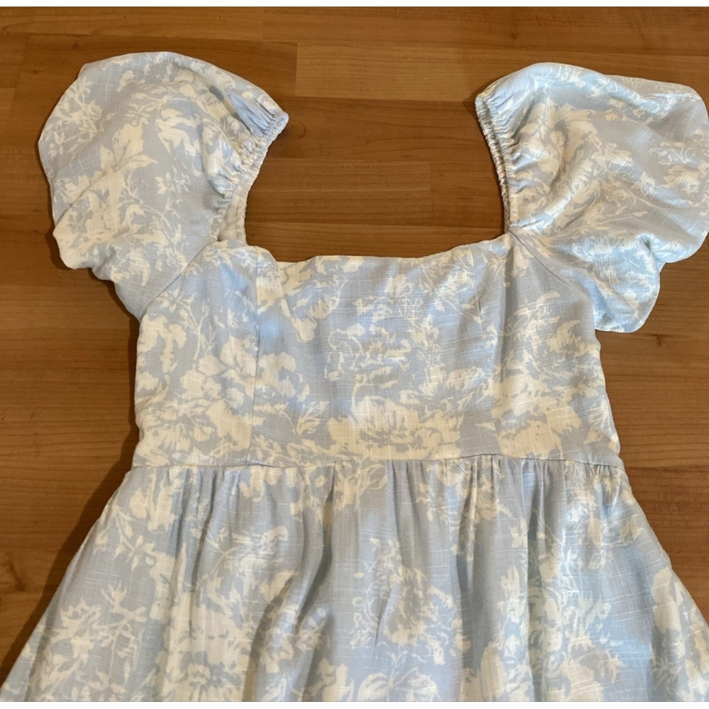 O.P.T  Zeoli Puff Sleeve Linen Blend Midi Blue White Floral Dress Size S Cottage - Picture 3 of 14
